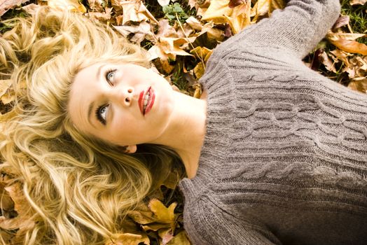 Beautiful woman in the park with the autumn leaves