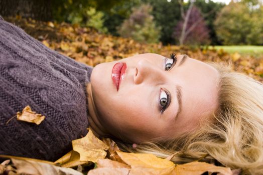 Beautiful woman in the park with the autumn leaves