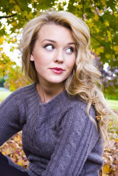 Beautiful woman in the park with the autumn leaves