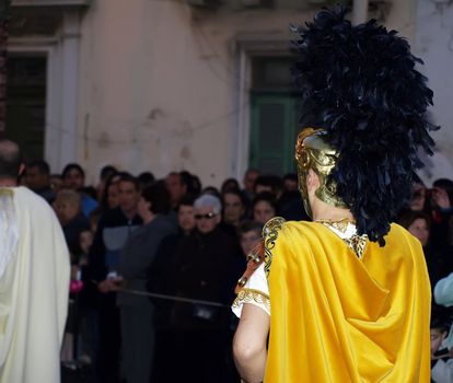 Man dressed up as a Roman General during reenactment of Biblical times  