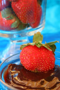 close up of a strawberry in chocolate sauce with strawberries in the background.
