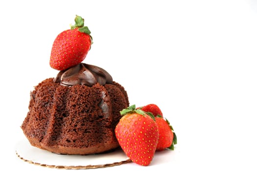 chocolate mini bunt cake with chocolate topping and strawberries all isolated on a white background.
