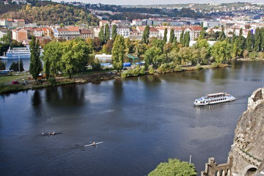  	
panorama, Prague, the Vltava river, the boat, kayaks