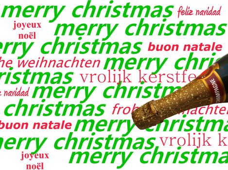 Champagne bottle over christmas wishes in multiple languages