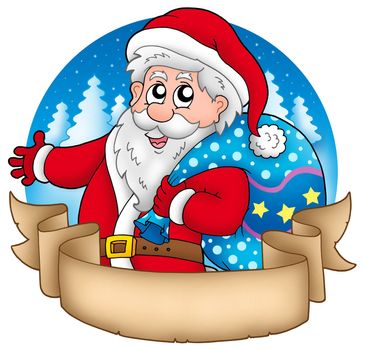 Banner with Santa holding gifts - color illustration.