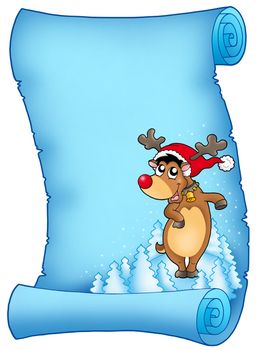 Blue parchment with Christmas reindeer - color illustration.