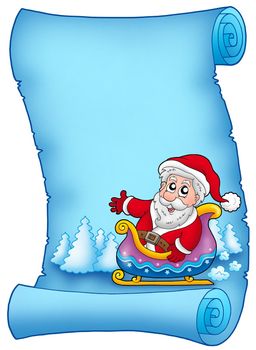 Blue parchment with Santa on sledge - color illustration.
