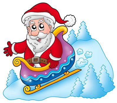 Happy Santa Claus on sledge - color illustration.