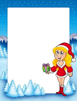 Christmas frame with cute girl - color illustration.