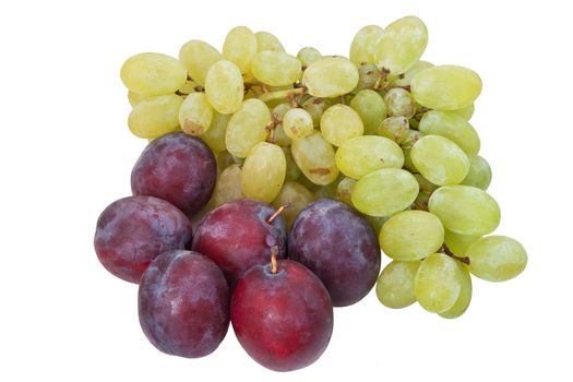 ripe grapes and plums isolated on white background