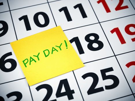 Pay day written on a sticky note on a calendar.