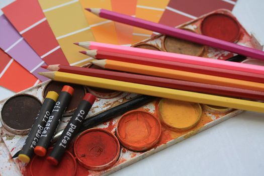 Collection of color samples, water colors and pencils