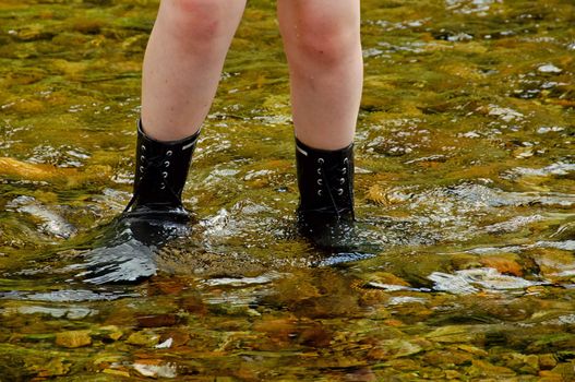 Close-up of a pair of legs in wellingtons crossing a river.