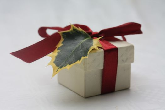 A small christmas gift, decorated with a red ribbon and a holly leaf