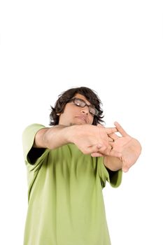 Young man bearing glasses  stretching their hand 