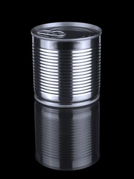 A single tin can and its reflection isolated on black.