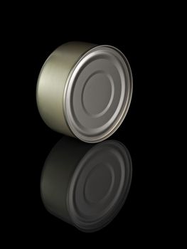 A golden tuna fish tin can and its reflection, isolated on black.