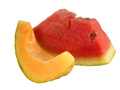 slices of organic fruit rockmelon and watermelon isolated on a white background