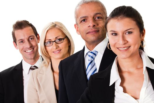 Business team in a row. Isolated on white. Focus on african-american man