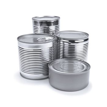 Four different tin cans isolated on white.