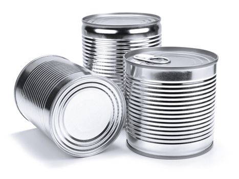 Three different unopened cans isolated on white.