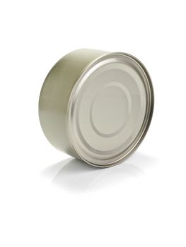 A golden tuna fish tin can isolated on white.