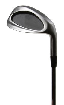 A close-up of an eight iron golf club, isolated on white.
