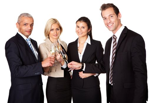 Business team celebrating success. Isolated on white