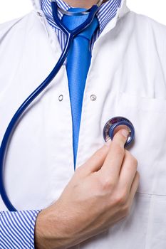 male doctor's hand checking his own heart