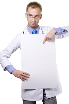 portrait of a doctor pointing at a blank board