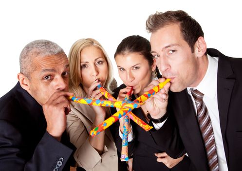 Business team celebrating birthday. Isolated on white