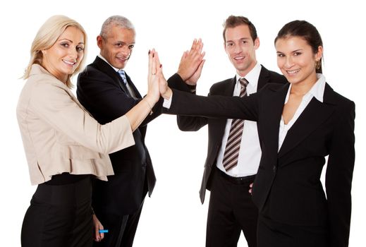 Businesspeople exchange a high-five.  Isolated on white