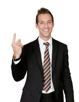 Businessman with finger pointing up. Isolated on white