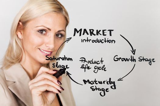 Businesswoman drawing product lifecycle diagram on the sceeen