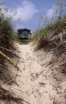 A beach house framed by the sand dunes in the Outer Banks, North Carolina.
