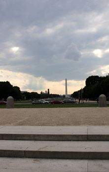 The Washington monument in the distance on the horizon.