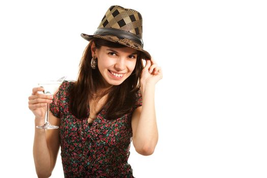 Cheerful young lady with martini glass. Isolated on white