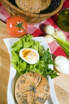 healthy breakfast - bakeroll, eggs and plenty of vegetables - hi res 12,7 mpix