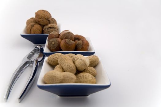 walnuts, hazelnuts and peanuts in three bowls on white background