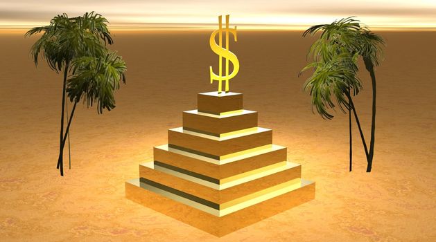 Yellow dollar holding court among a pyramid and surrounded by two devoted palm trees in sand desert