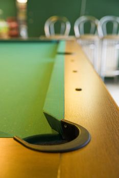 corner of pool table with pocket and small field of depth