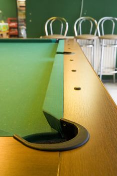 corner of pool table with pocket and big field of depth