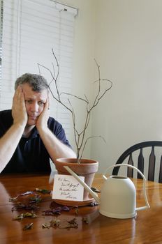 A man looking distraught after realizing that he forgot to water a plant.