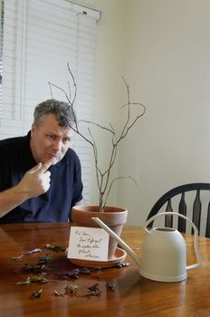 A man looking perplexed after realizing that he forgot to water his wife's plant.