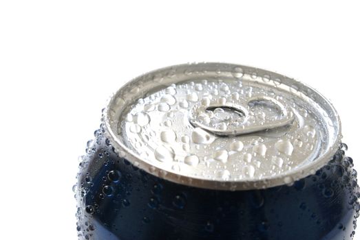 A nice cold can of soda pop with condensation.