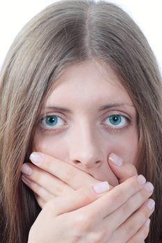 Portrait of the nice girl covering a mouth palms removed close up