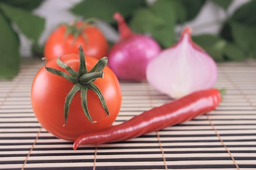 Tomatoes, onions and hot red pepper removed close up on a striped bamboo napkin against green foliage