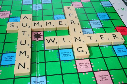 four seasons of the year made of scrabble tiles