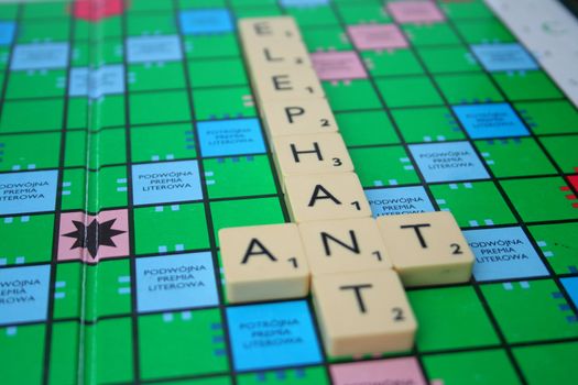 inscription elephant and ant made of scrabble tiles