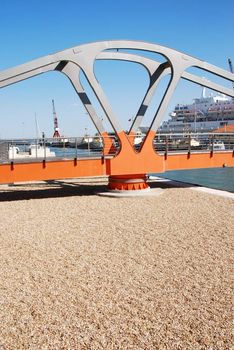 orange bridge for people at the docks in Lisbon, Portugal